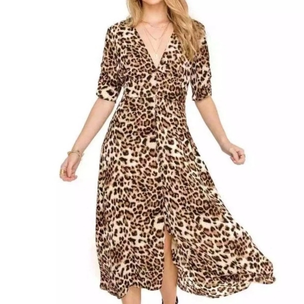ASTR The Label Womens Leopard Print Midi Dress Large Mob Wife Button Front